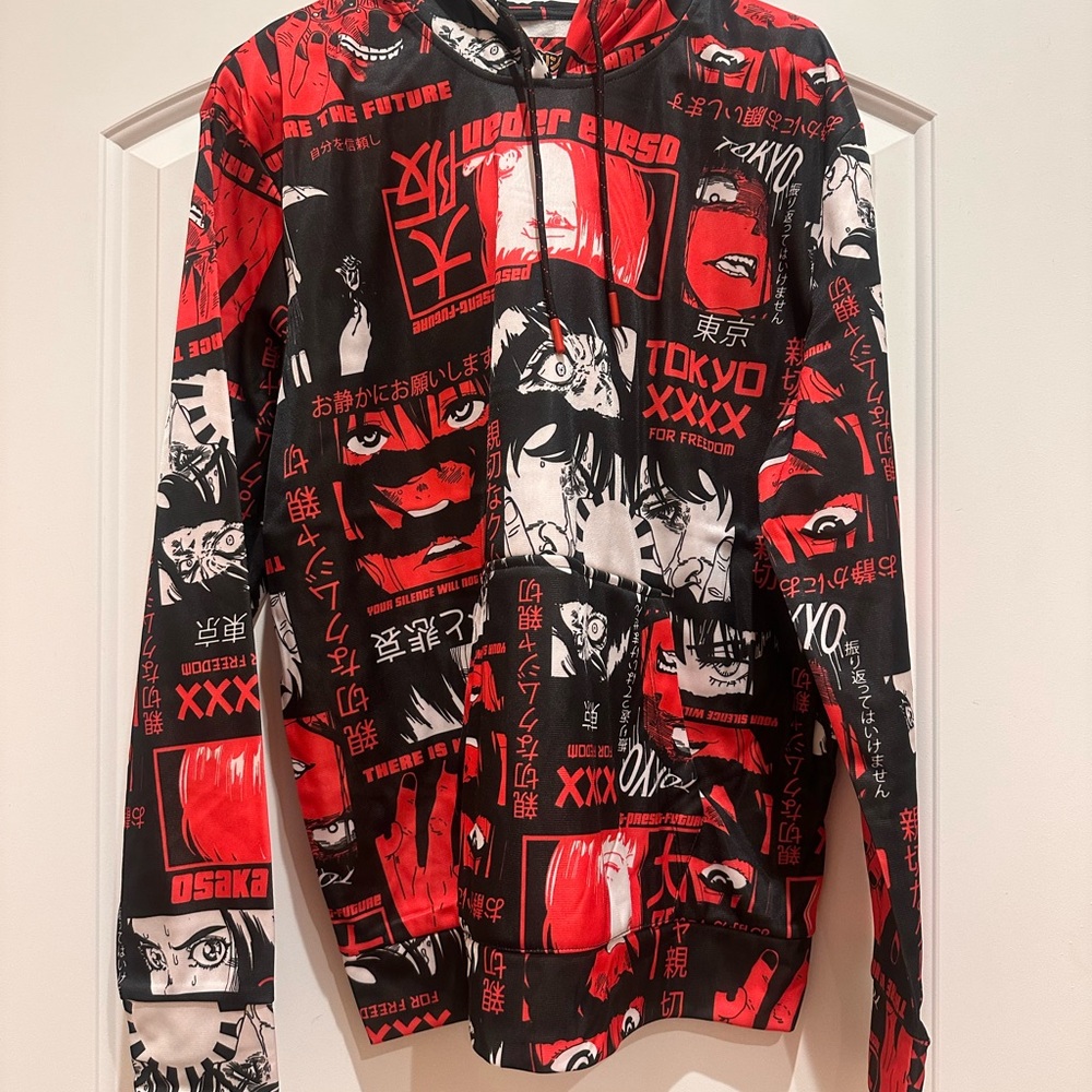Fresh Prints of Tokyo Drill Clothing Co Red Black Anime Graphic Pull Over Hoodie